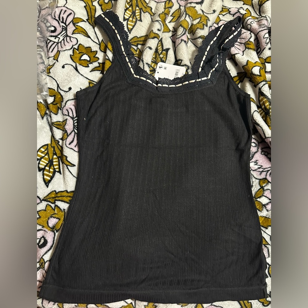 Free People Black Ribbed Crochet-Trim Tank Top